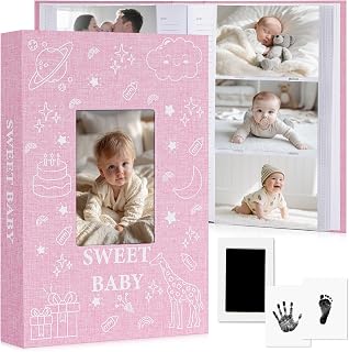 EARLY MINDS Baby Photo Album 4x6 300 Pockets Linen Slip-in Memory Book | Picture Album with Memo Area &amp; Hand and Footprint Kit, Front Window, Acid-Free Keepsake for Boys Girls, First Year Moments