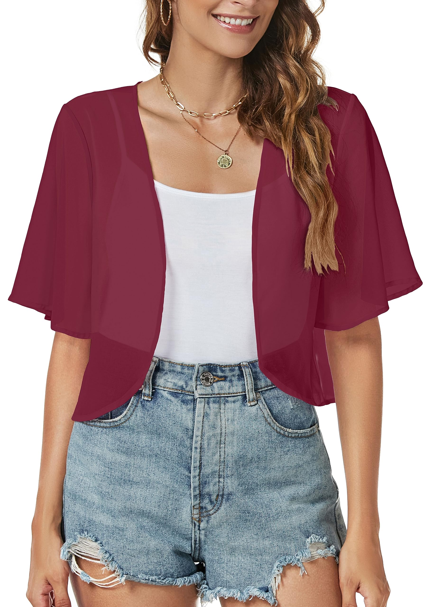 Women Shrug Chiffon Cardigan Open Front Short Sleeve Sheer Bolero for Dress