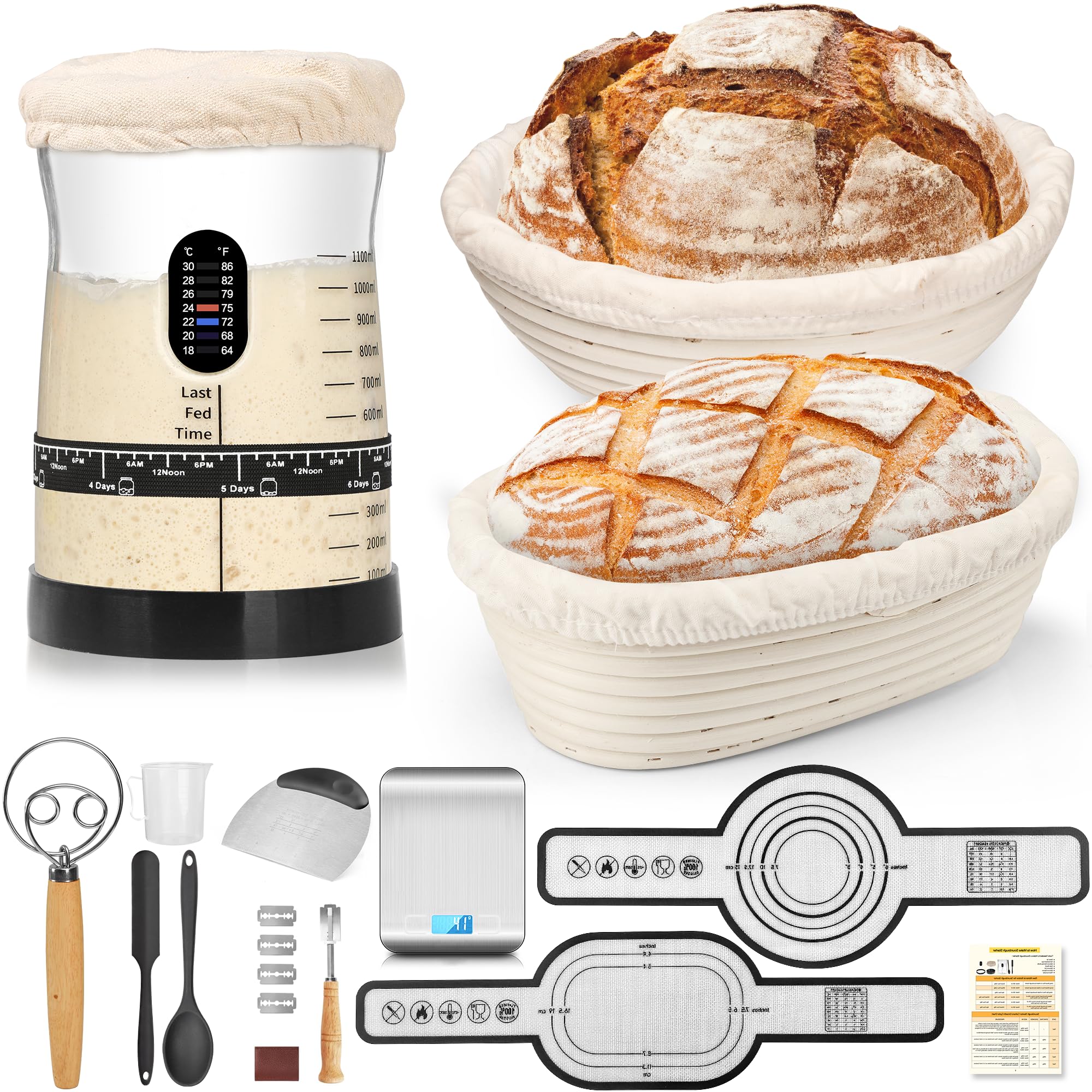 COCO BIRD Sourdough Starter Kit, 50oz Jar, Banneton Bread Proofing Baskets