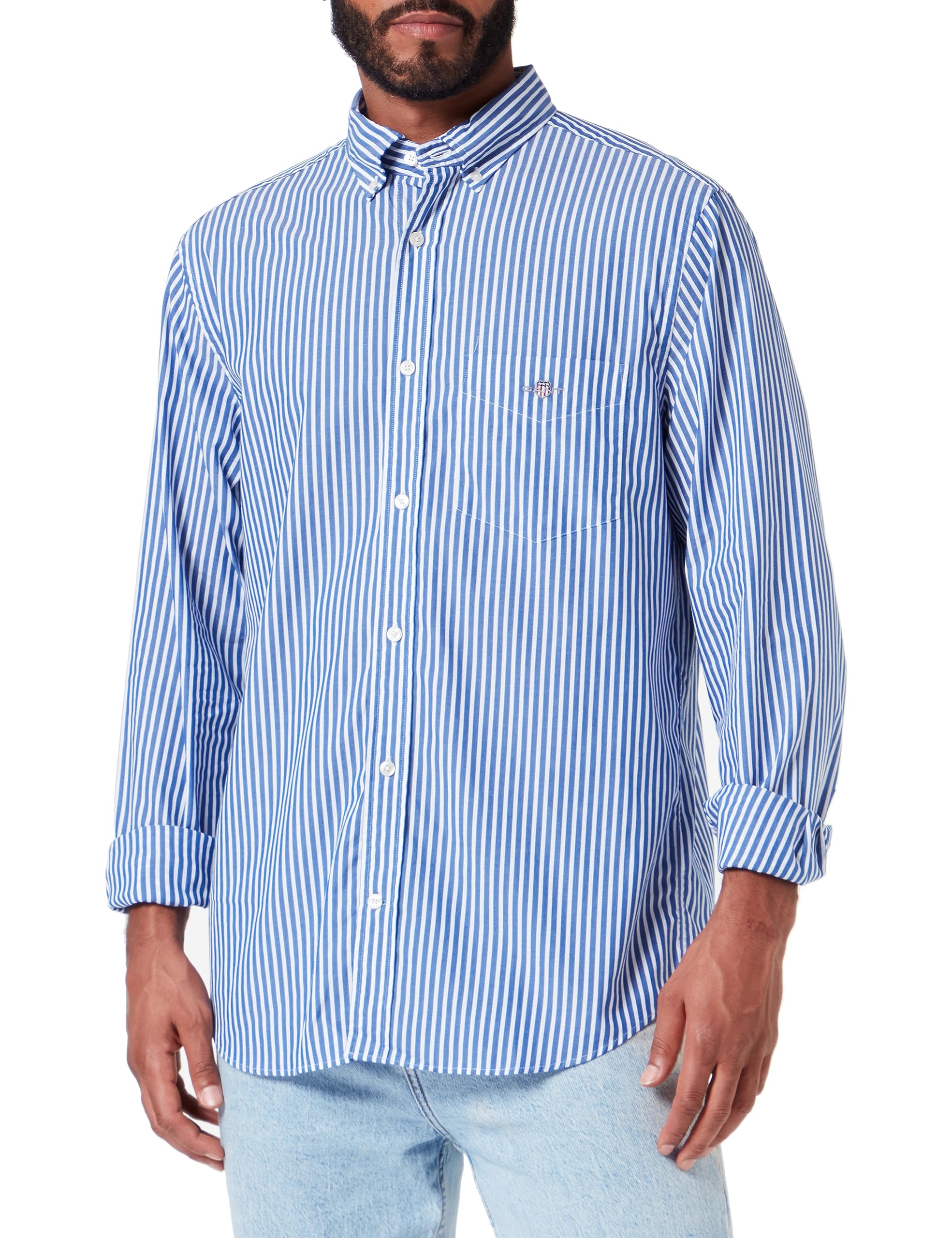 GANT Men's Reg Poplin Stripe Shirt, College Blue, S