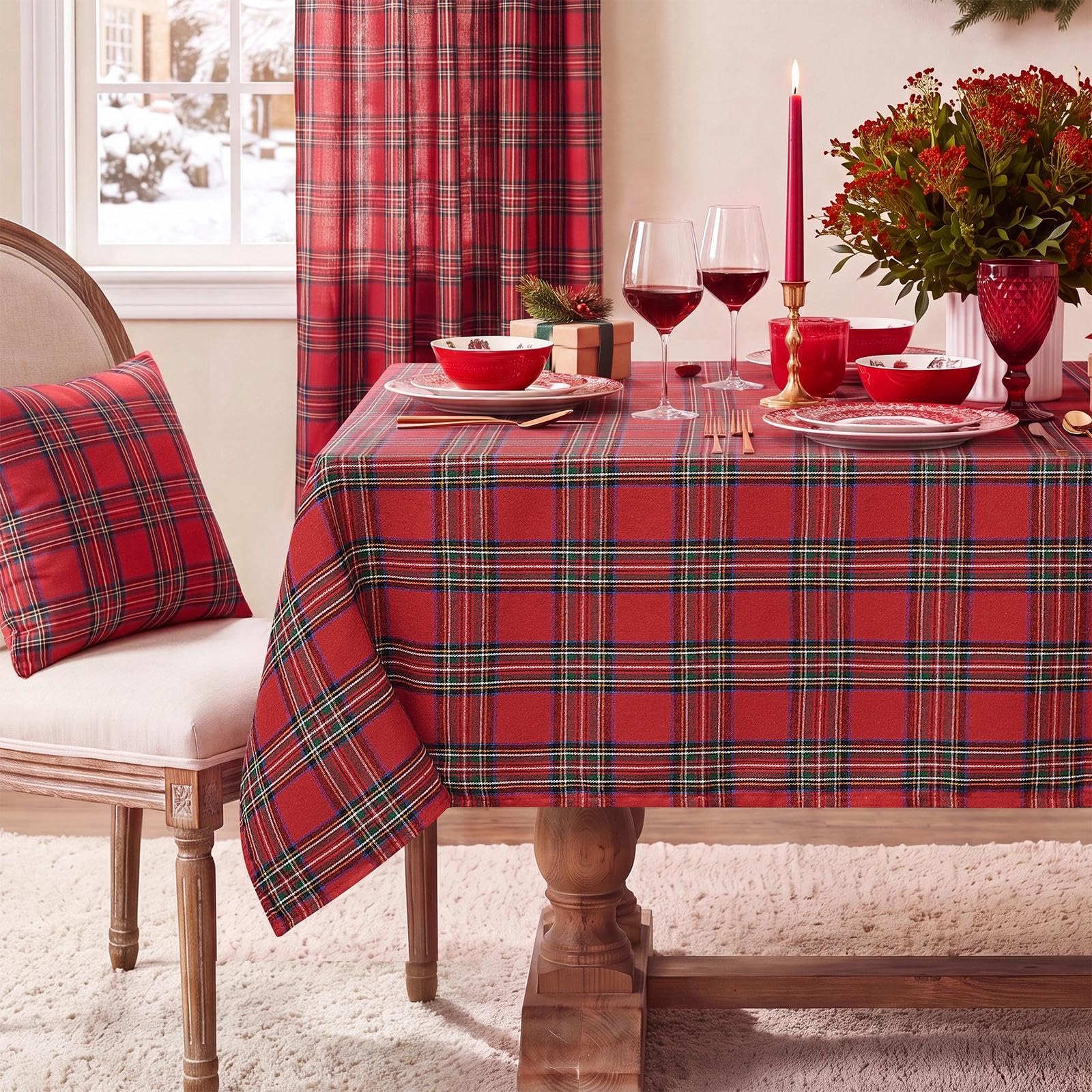 Softalker Christmas Tablecloth Buffalo Red Tartan Rectangular Linen Cotton Table