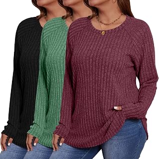Ficerd 3 Pack Plus Size Tunics for Women, Women's Long Sleeve Sweaters with Curved Hem, Crew Neck T-Shirt