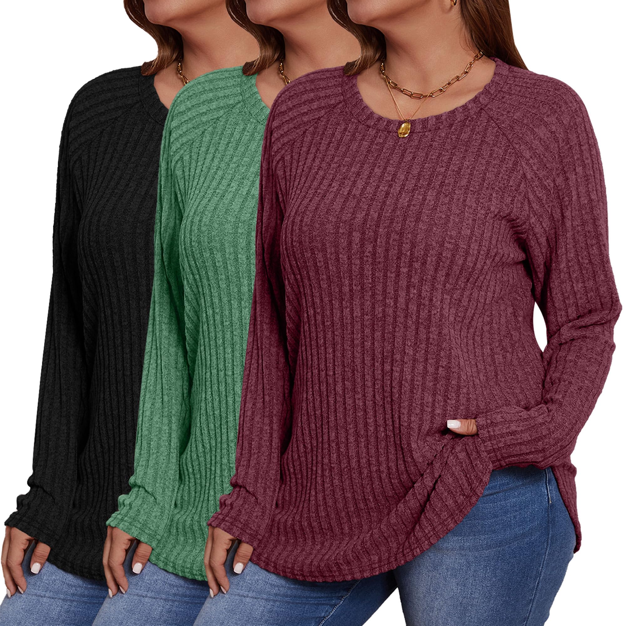 Ficerd 3 Pack Plus Size Tunics for Women, Women's Long Sleeve Sweaters with Curv