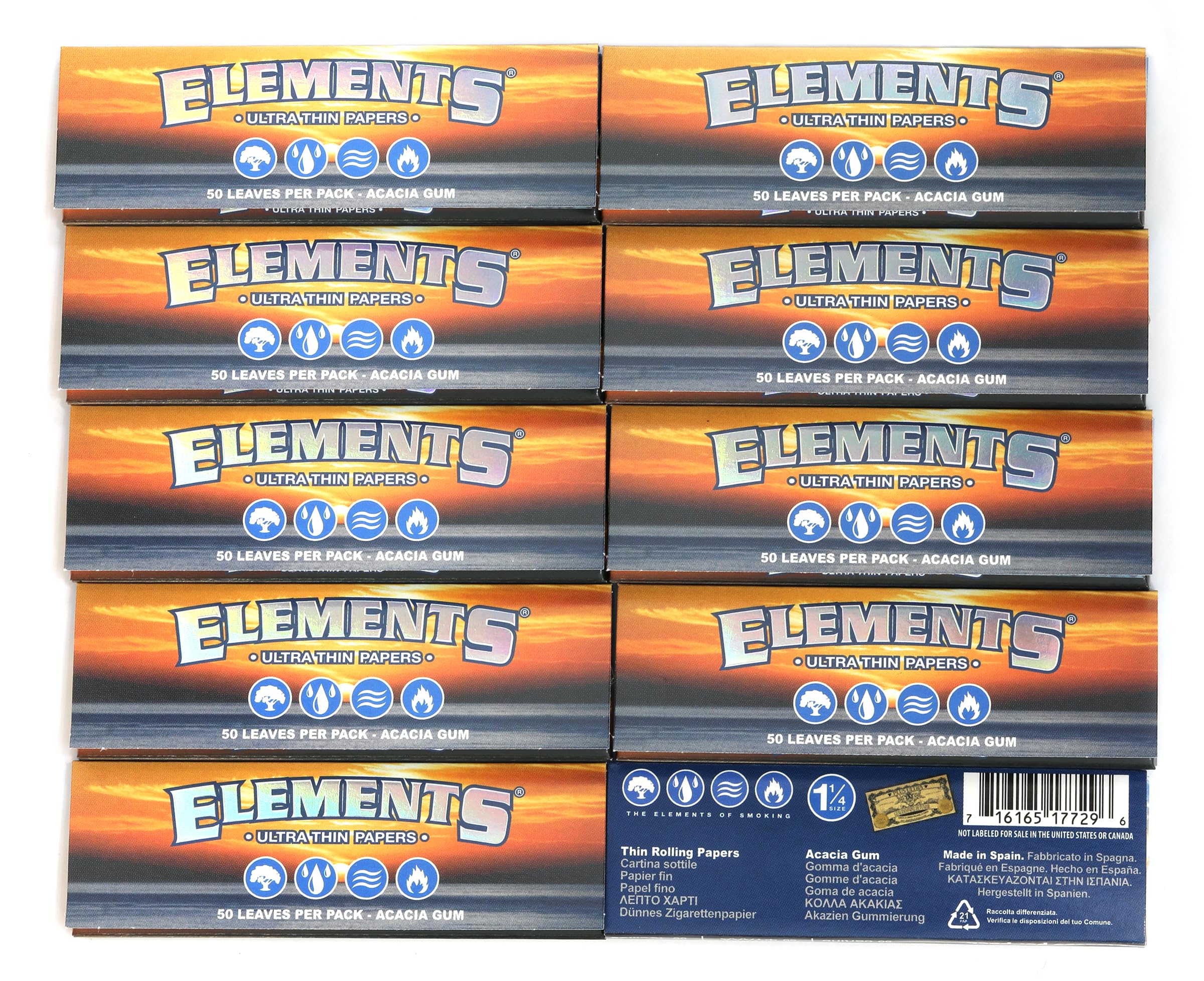 Elements 1 1/4 Ultra Thin Rice Rolling Paper - 10 Booklets, 500 Sheets