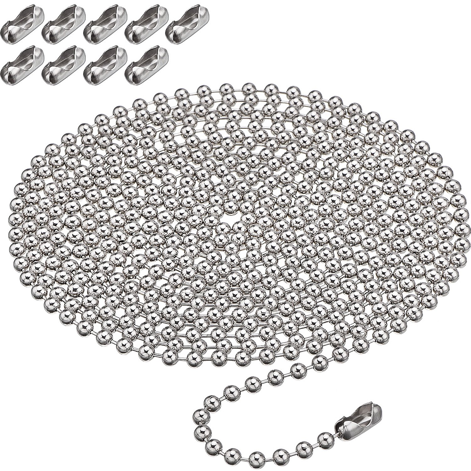 Shappy 10 ft Bead Pull Chain for Blind, 4.5 mm, Silver, 10 Connector | Roller Sh
