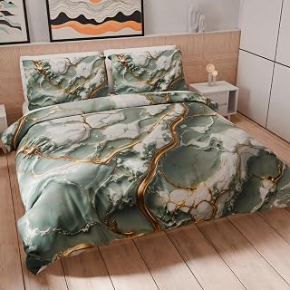 PETTI Artigiani Italiani - Double Duvet Cover Set 200 x 200 cm (1 Pillowcase 50 x 80 cm Included), Soft Microfibre Duvet Cover Set with Digital Print Sage Marble Effect - Made in Italy
