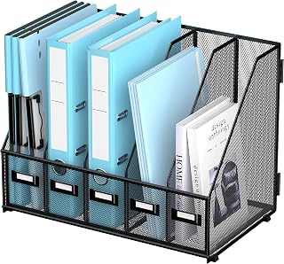 Desk Organizers Metal Desk Magazine File Holder with 16''x12''x12'' 5 Vertical Compartments Rack File Organizer for Office Desktop, Classroom, Home Workspace, Black Plus