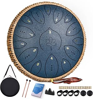 Steel Tongue Drum 13 Inches 15 Notes, Hand Pan Drums for Adults 440hz, C Major Handpan Musical Instrument with Song Book, Mallets and Carry Bag, Navy Blue