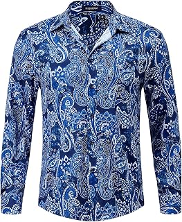 HISDERN Men's Floral Paisley Satin Shirt Long Sleeve Casual Formal Fashion Dress Shirts Silk Buttons Regular Fit Ceremony Wedding Party