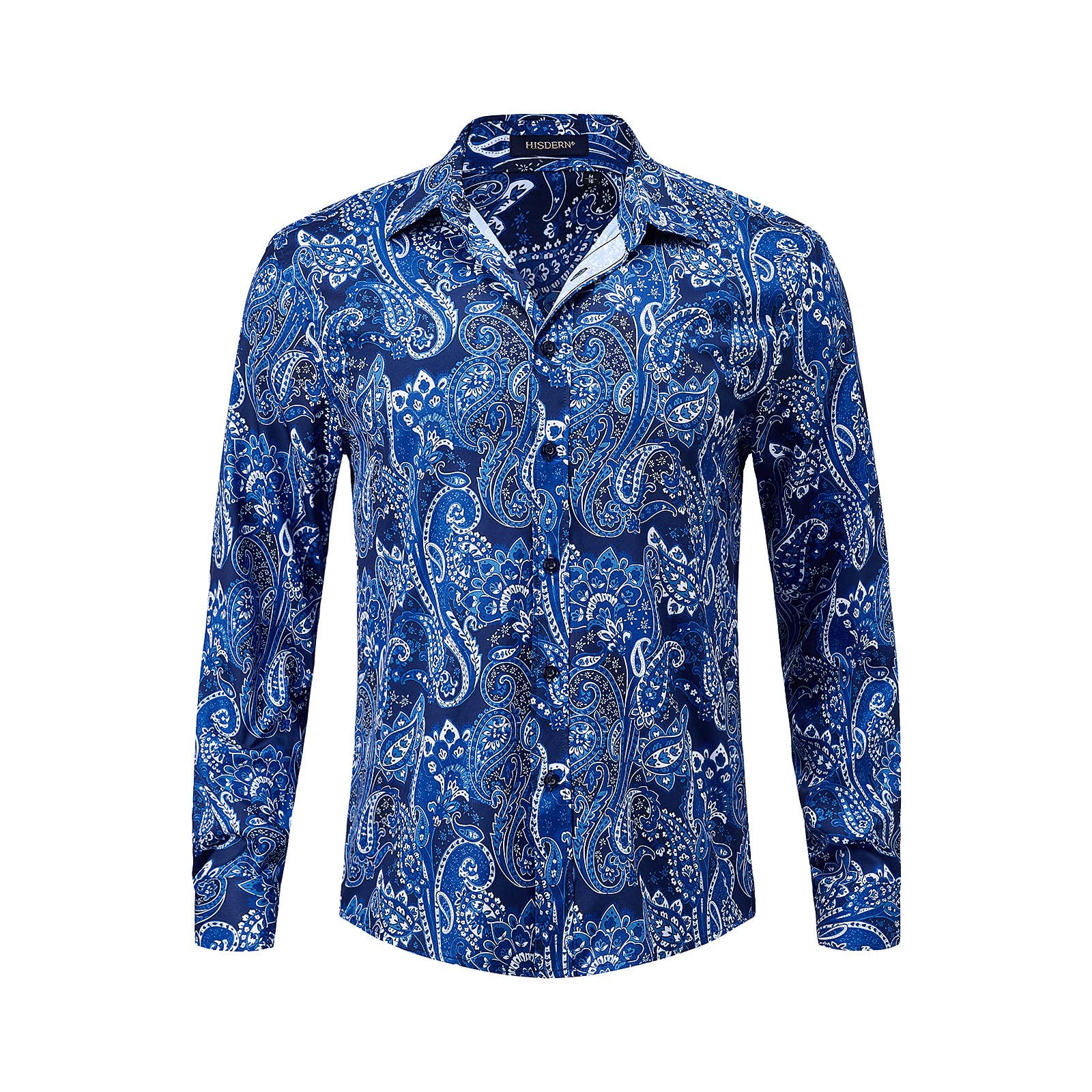 HISDERN Men's Floral Paisley Satin Shirt Long Sleeve Casual Formal Fashion Dress