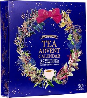 New English Teas Christmas Tea Advent Calendar, 50 Pyramid Teabags, 5 Festive Black Tea, Fruit & Herbal Blends