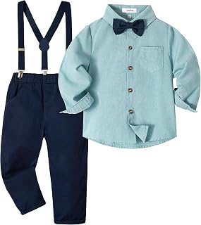 Volunboy Baby Boy Gentleman Set, Plaid Shirt with Bow Tie + Suspenders Pants 4 Pieces Suit Clothes