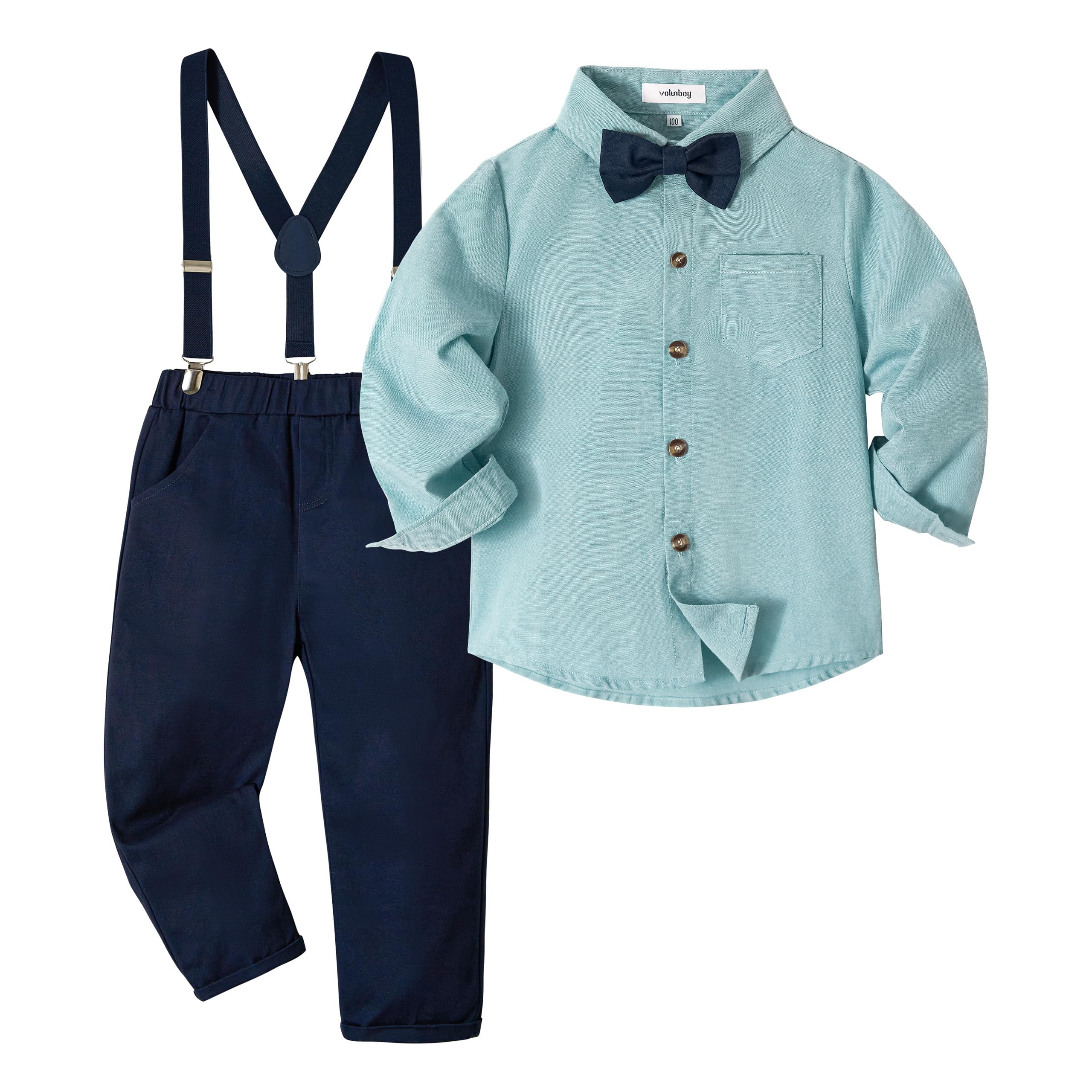 Volunboy Baby Boy Gentleman Set, Plaid Shirt with Bow Tie + Suspenders Pants 4 P