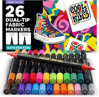 Zenacolor - 26 Fabric Markers Permanent for Clothes - Dual Tip | Non Toxic Paint · Indelible · Pens for Personalizing Shirts, Sneakers, Shoes, Totes Bags, Canvas and Textiles