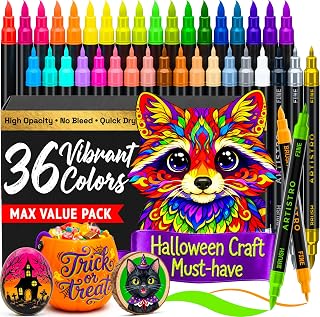 ARTISTRO 36 Multicolor Dual-Tip Acrylic Paint Marker Pens for Drawing | For Fabric, Rock, Glass, Wood, Arts &amp; Crafts Gift for Adults, Teens &amp; Kids, Pumpkin Decorating Kit &amp; Halloween Crafts