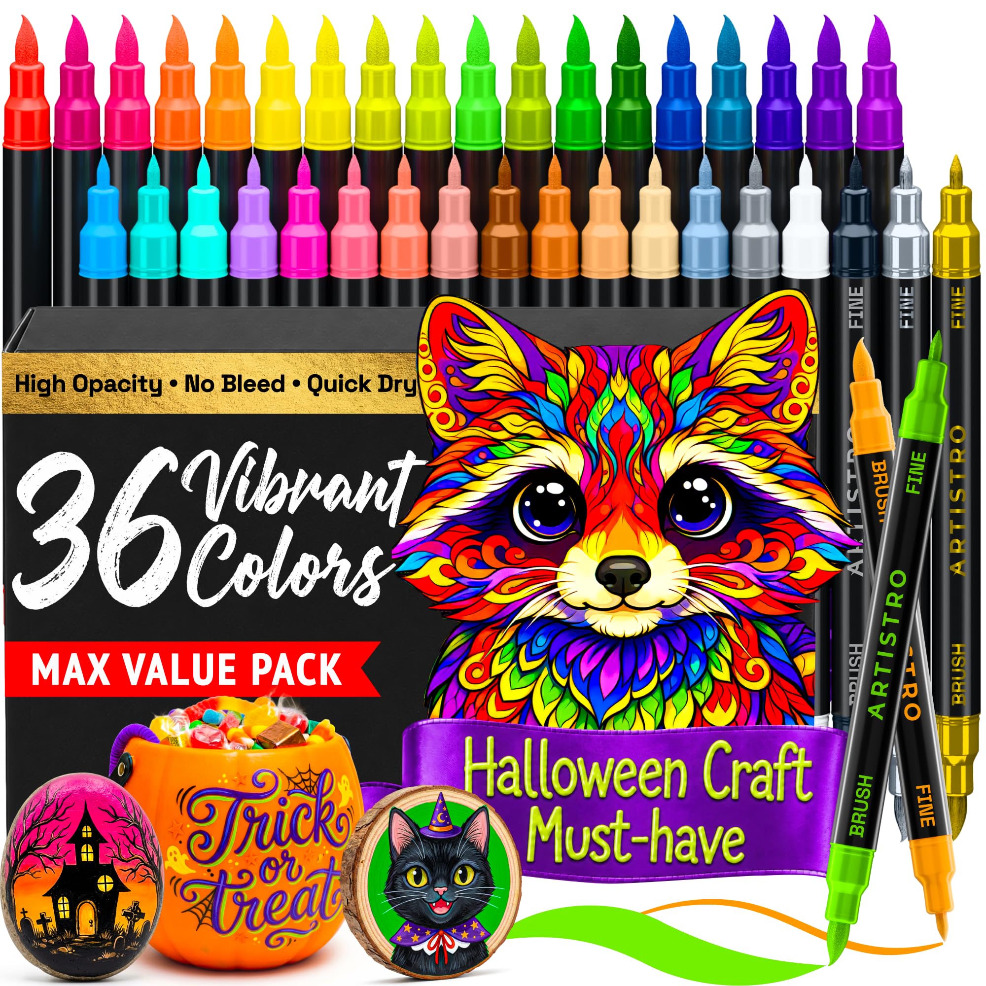 ARTISTRO 36 Multicolor Dual-Tip Acrylic Paint Marker Pens for Drawing | For Fabr