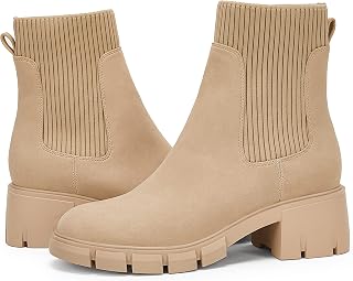 Ruanyu Womens Platform Ankle Boots Elastic Chunky Block Heel Chelsea Booties Lug Sole Non-Slip Combat Shoes