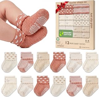 GOTS Organic Cotton Blend 12 Infant Socks 0-6 M Boys Non Slip Shower Gift