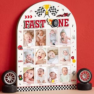 R HORSE 3D Fast One Photo Wood Display Board, Fits 2 x 3 inch Photo | Red Black Race Car Baby First Year Picture Frame, 12 Months Milestone Board, Birthday Decoration Nursery Decor, Keepsake Gift