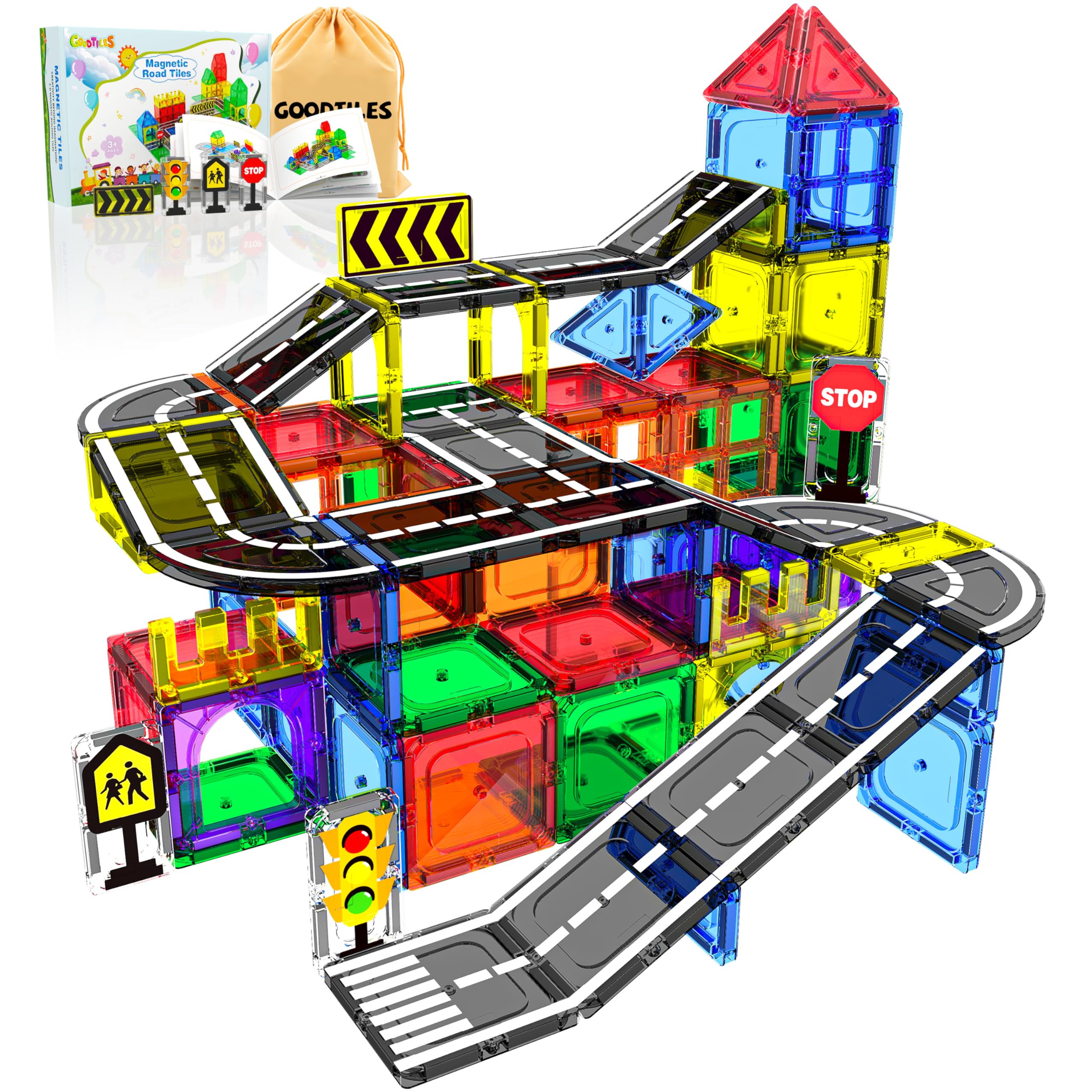 Magnetic Tiles - Road Set, Magnetic Building Blocks, Preschool Montessori Toys G