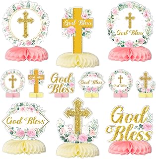 ANGOLIO 12P Pink Floral God Bless Baptism Honeycomb Centerpiece Decorations | Glitter Gold Cross First Communion Party Supplies, Girl Baby Shower Table Decor, Religious Pastor Anniversary, Gender Reveal