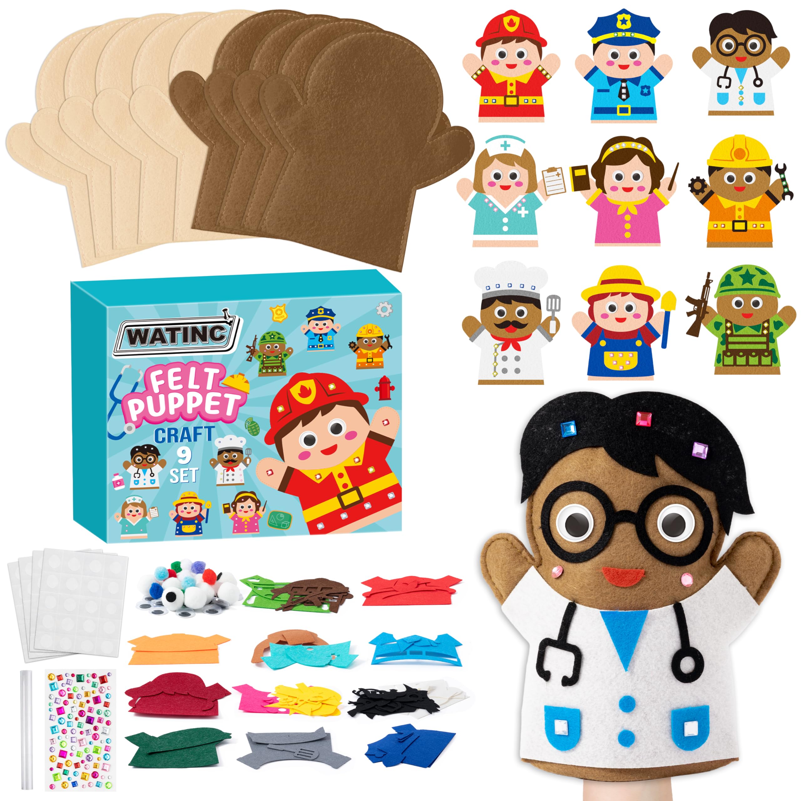WATINC Hand Puppet Making Kit 9 Pcs Career Felt Craft Kit for Kid Gift | DIY Pom