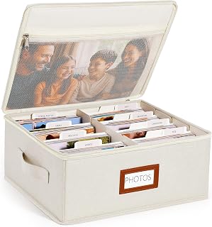 HULISEN Photo Storage Box, Photo Organizer for 2000 4x6 Pictures, Beige | Linen Keepsake Box with Zipper Lid & 8 Dividers, Label Cards Included, Mesh Pocket for Larger Prints, Family Memory Storage