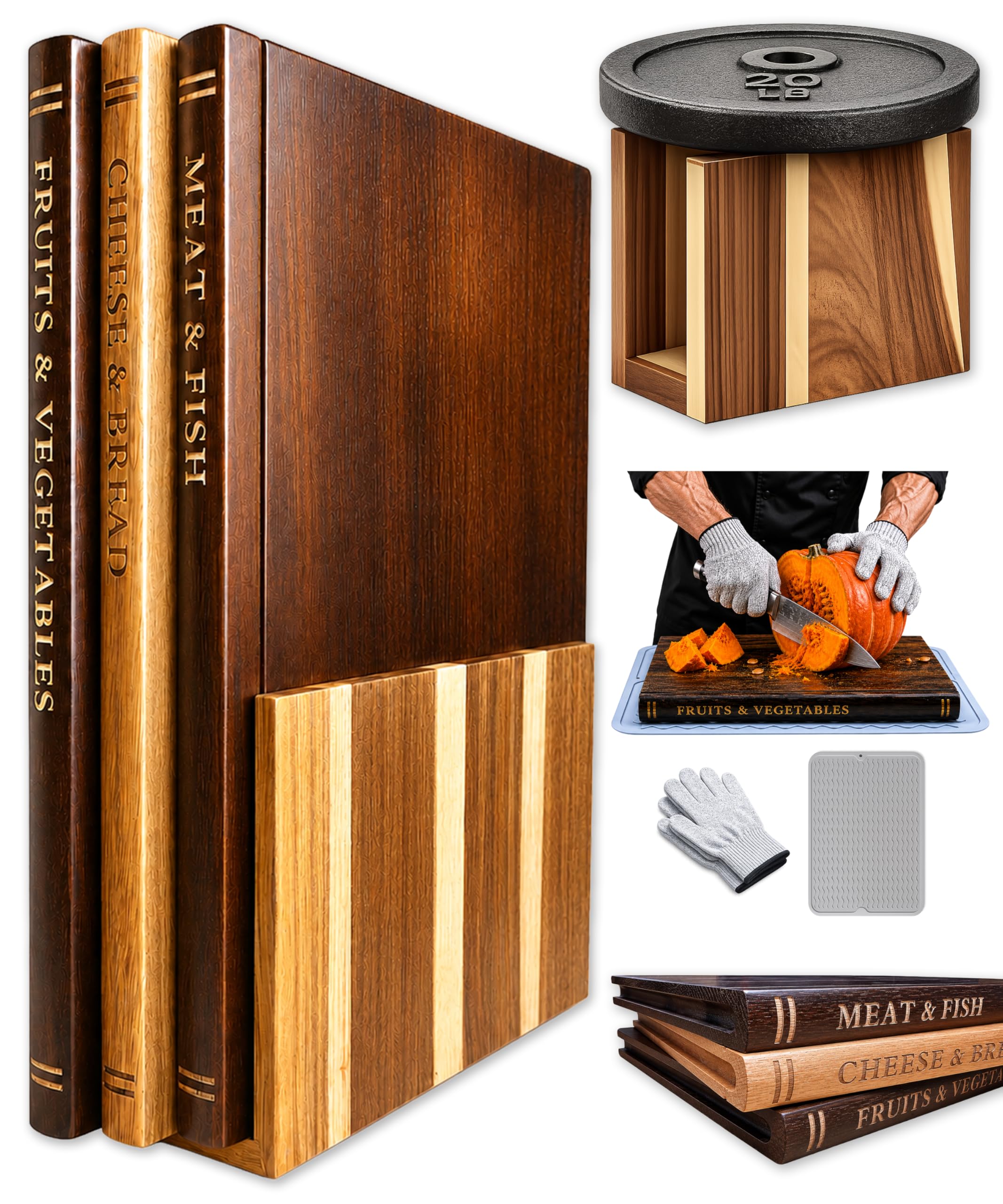Book Cutting Board Set, Kitchen Cutting Boards, 3 Labeled Boards with Stand | 13