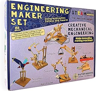 PATHFINDERS Engineering Maker Set — Real Wood STEM Building Kit | Hydraulics, Gears, Levers & Pulleys | 10 Challenges + 15 Challenge Cards | Ages 8+