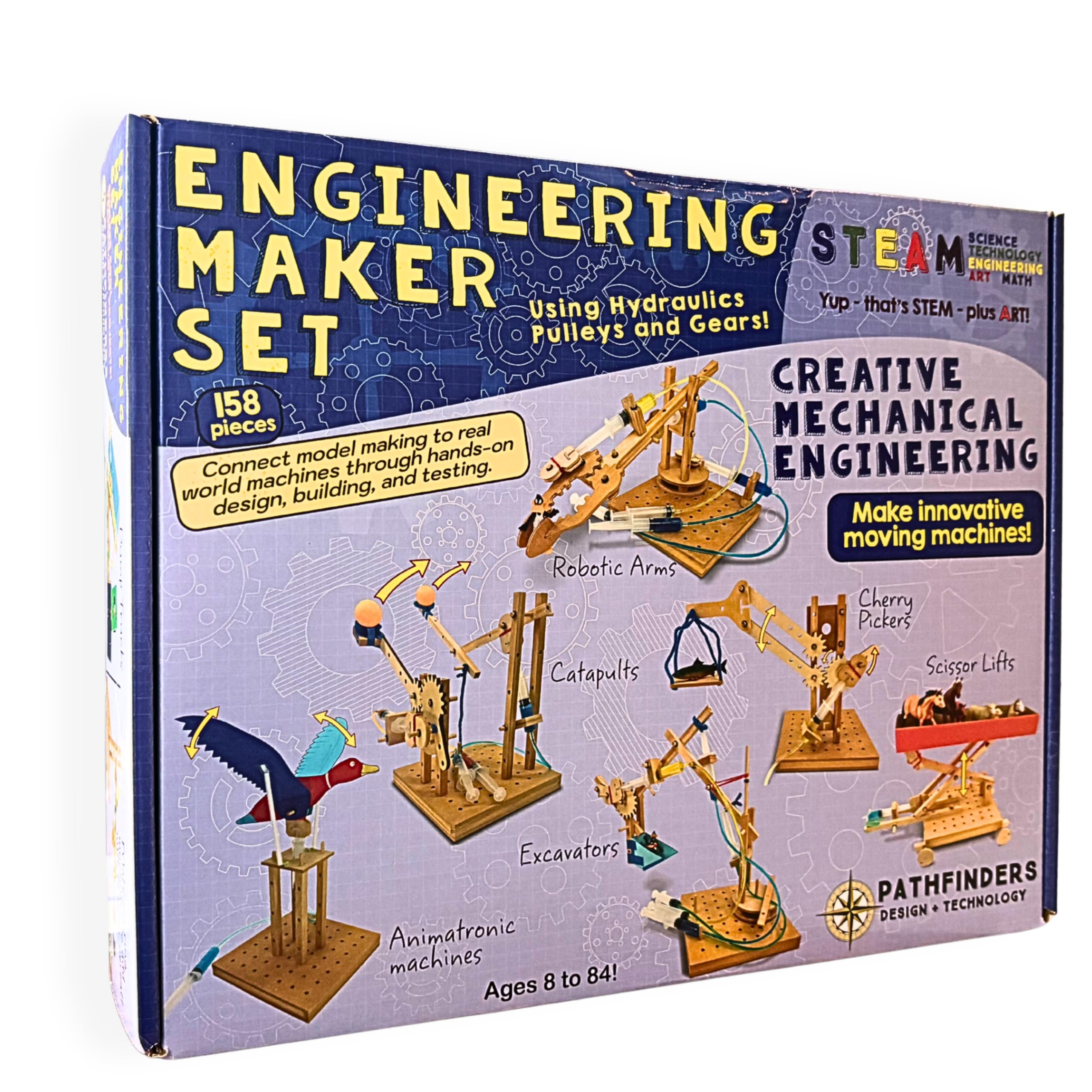 PATHFINDERS Engineering Maker Set — Real Wood STEM Building Kit | Hydraulics, Ge