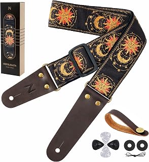 Nefelibata Guitar Strap with Leather Ends for Bass, Electric & Acoustic Guitars, with Free Strap Button, 1 Pair Strap Locks and 4 Guitar Picks