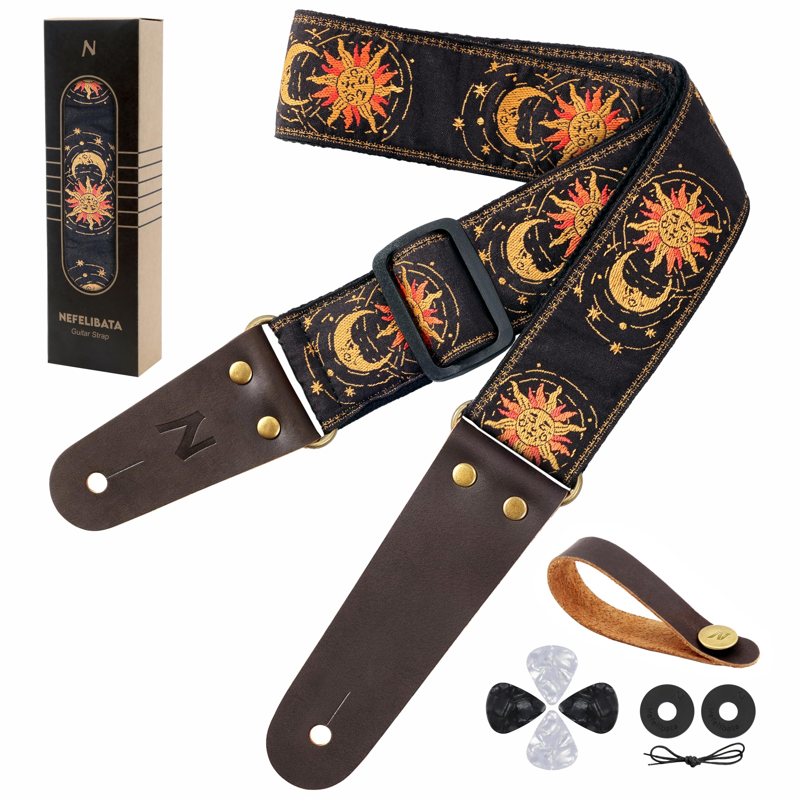 Nefelibata Guitar Strap with Leather Ends for Bass, Electric & Acoustic Guitars,