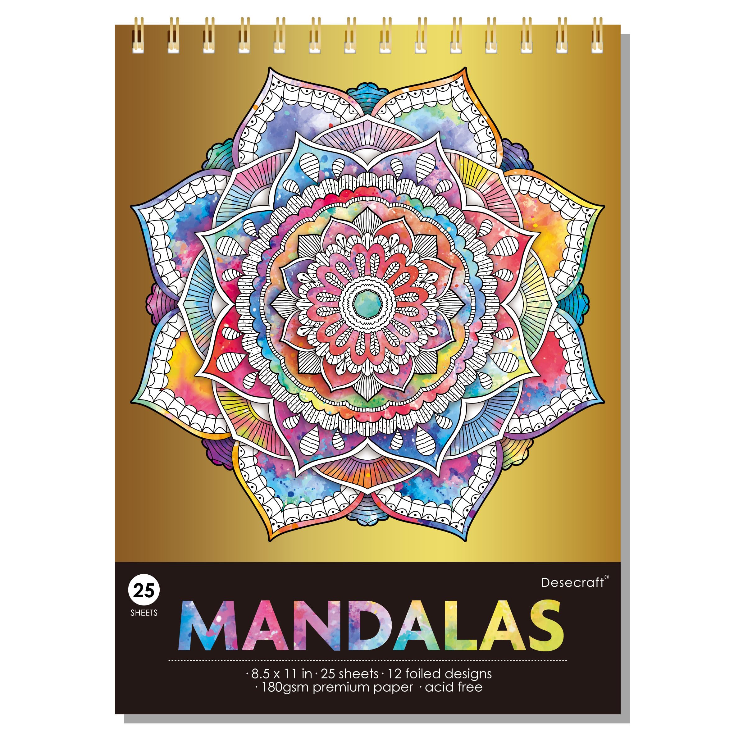 DESECRAFT Spiral Mandala Coloring Book for Adults - Gold Foil Designs, 25 Single