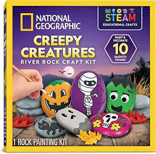National Geographic Creepy Creatures Rock Painting Halloween Craft Kit | 10 River Rocks, 10 Paint Colors, Spooky Art Supplies for Kids, Halloween Crafts, Creative Activity, Creepy Creature Designs