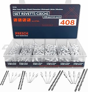 Presch 408 Piece Blind Rivet Set Including HSS Drill Bits Assortment of 400 Aluminium/Steel Rivets 2.4mm, 3.2mm, 4.0mm and 4.8mm and 8 Matching HSS Bits 2.5mm, 3.3mm, 4.1mm, 4.9mm