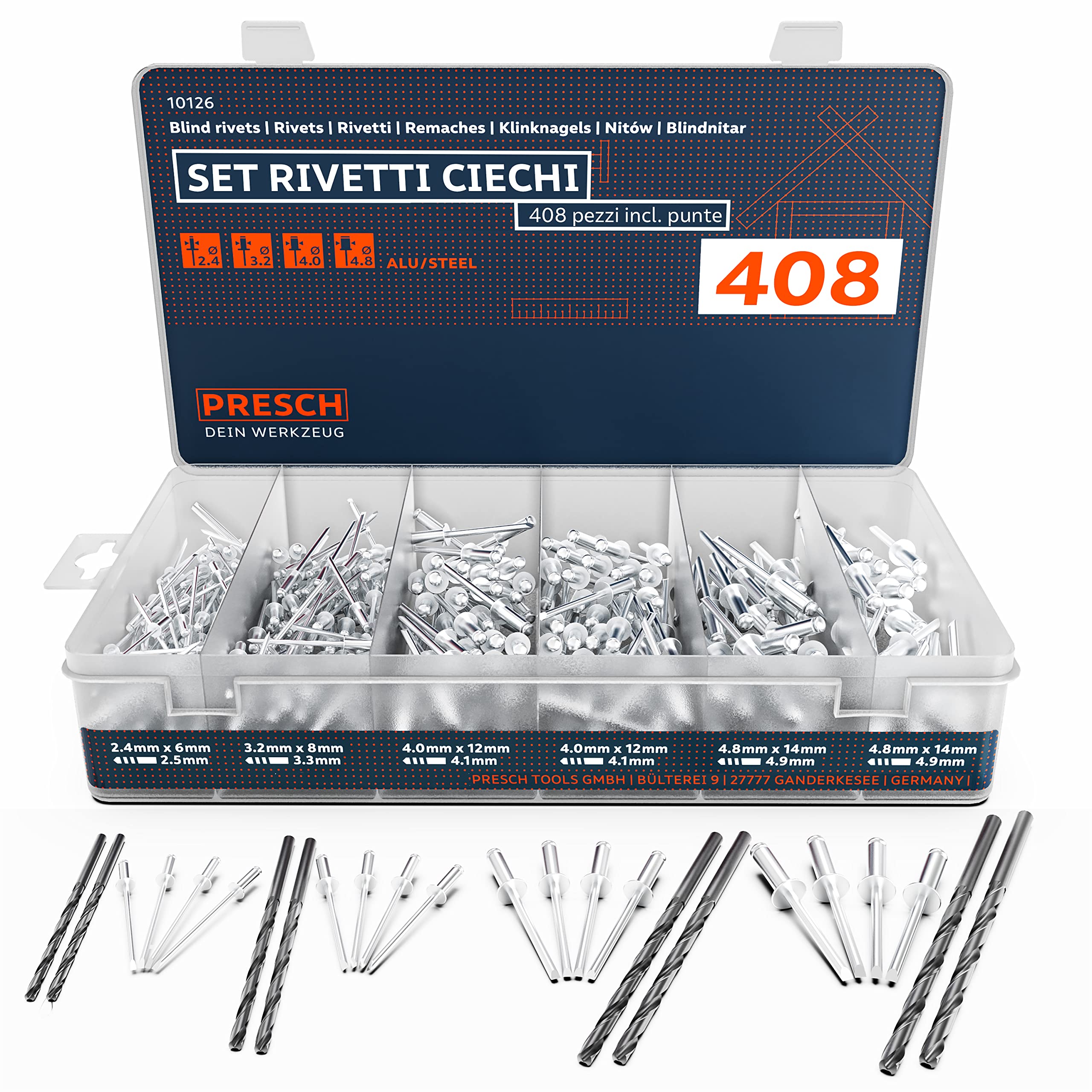 Presch 408 Piece Blind Rivet Set Including HSS Drill Bits Assortment of 400 Alum