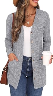GRECERELLE Women's Long Cardigan Long Sleeve Elegant Comfortable Front Opening Buttons Pockets Sweater Lightweight V-Neck
