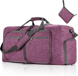 Vomgomfom Foldable Travel Bag, 65L Foldable Travel Duffel Bag with Shoes Compartment, Overnight Bag for Men, Women, Waterproof and Tear Resistant, H Purple
