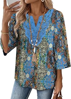 WIHOLL 3/4 Length Sleeve Womens Tops Boho V Neck Lace Shirt Trendy Blouses Dressy Casual Vacation Clothes S-3XL