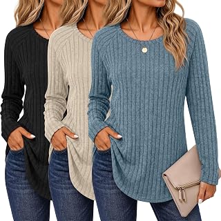 Ficerd Pack of 3 Women's Long Sleeve Sweaters with Side Slits and Tunic Loose Fit Basic Pullover