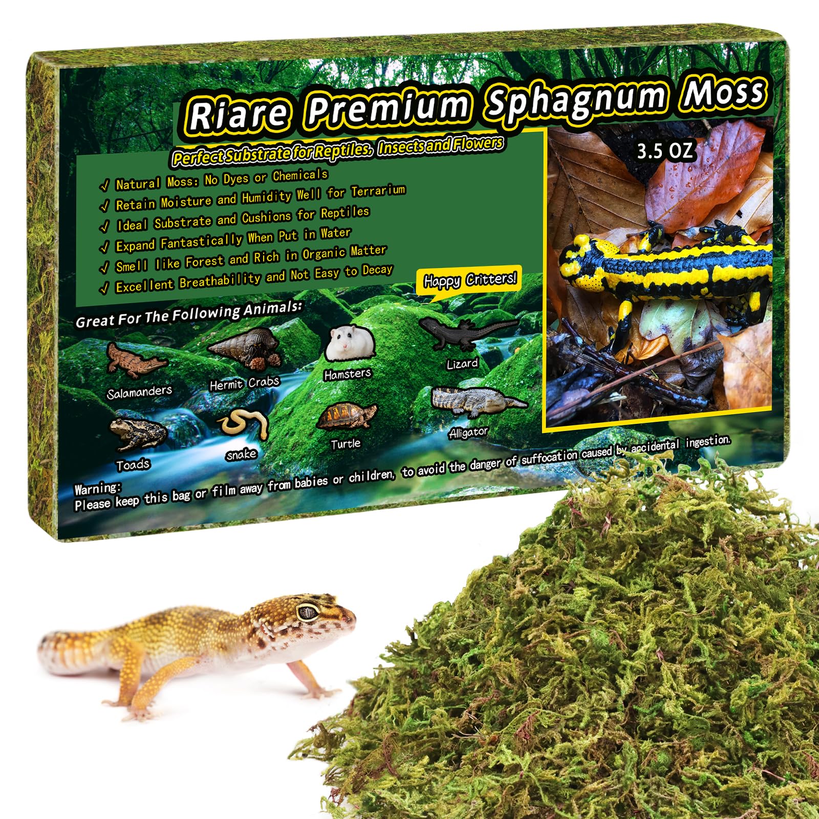 Riare 3.5oz Natural Sphagnum Moss for Reptiles, Terrarium Substrate Bedding | 4Q