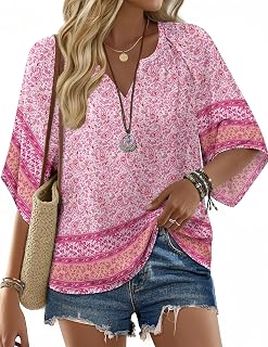 Zeagoo Blusa Verano Mujer 3/4 Manga Blusa Tipo Túnica Floral Cuello en V Camisas Bohemias Camiseta para Vacaciones S-3XL