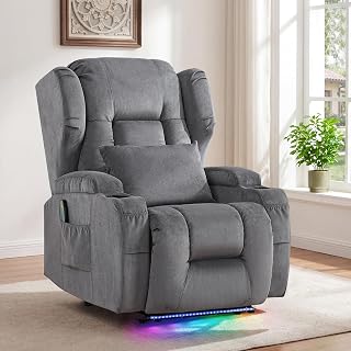 BINGTOO Power Recliner Chair with Massage & Heat, Electric RV Wall Hugger Chair for Living Room, Home Theater with Colorful LED Lights, USB-C Ports & Cup Holders, Velvet Gray, 1 Chair