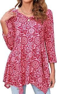 Enmain Women's Tunic Long Plus Size 3/4 Sleeve Blouse Chic Elegant V-Neck Patterned Tunic Solid Color Loose Top for Women