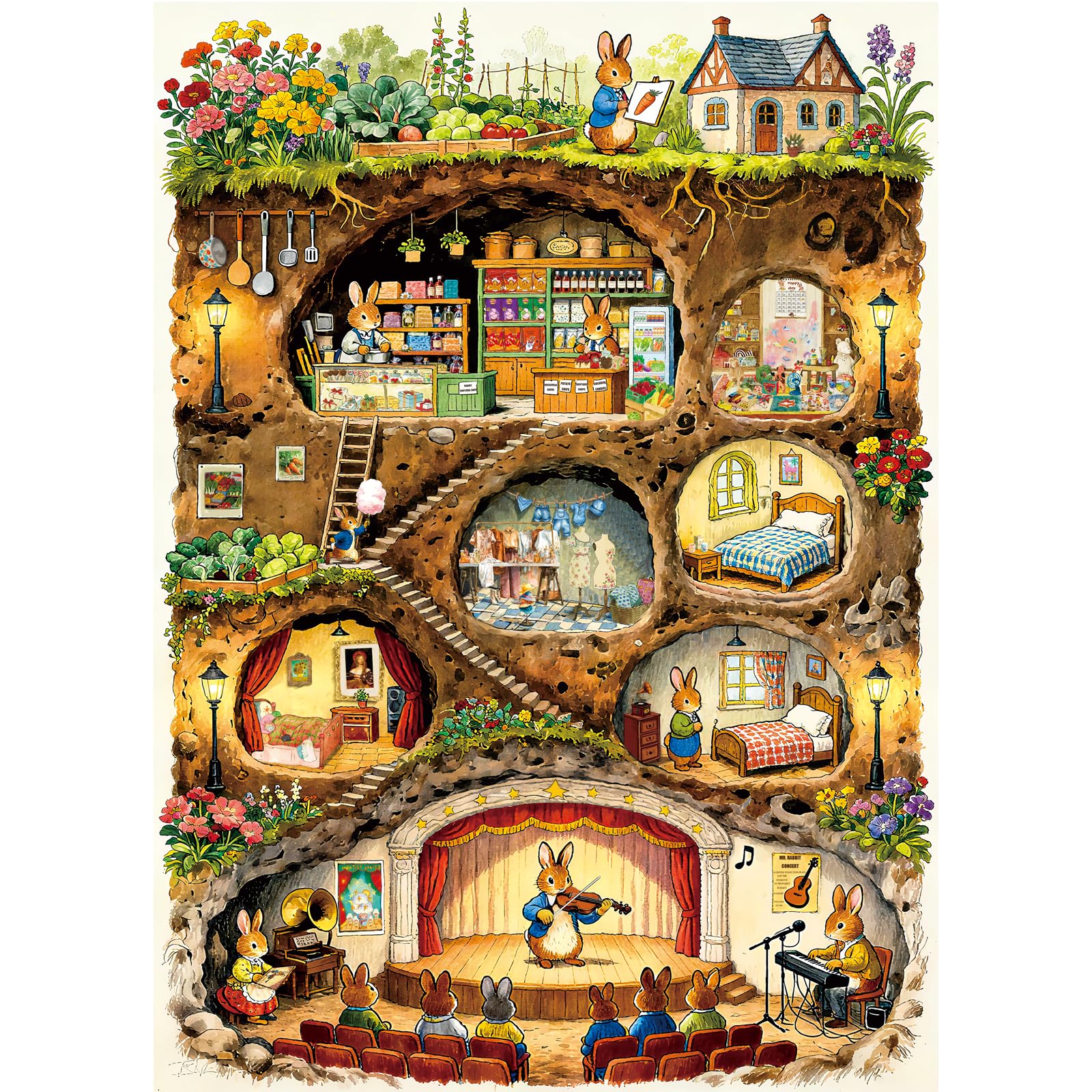 HUADADA Jigsaw Puzzles for Adults 1000 Pieces-Bunny Burrow Town | Eco matte oil 
