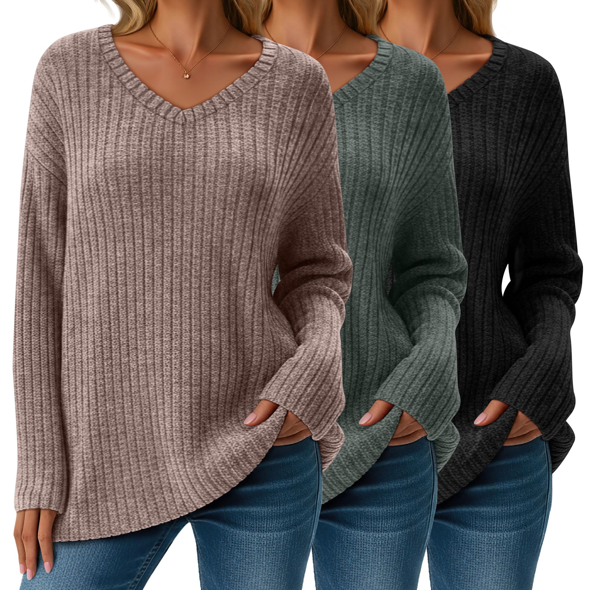 3 Pack Women's Long Sleeve Sweaters Ribbed Knit Tops