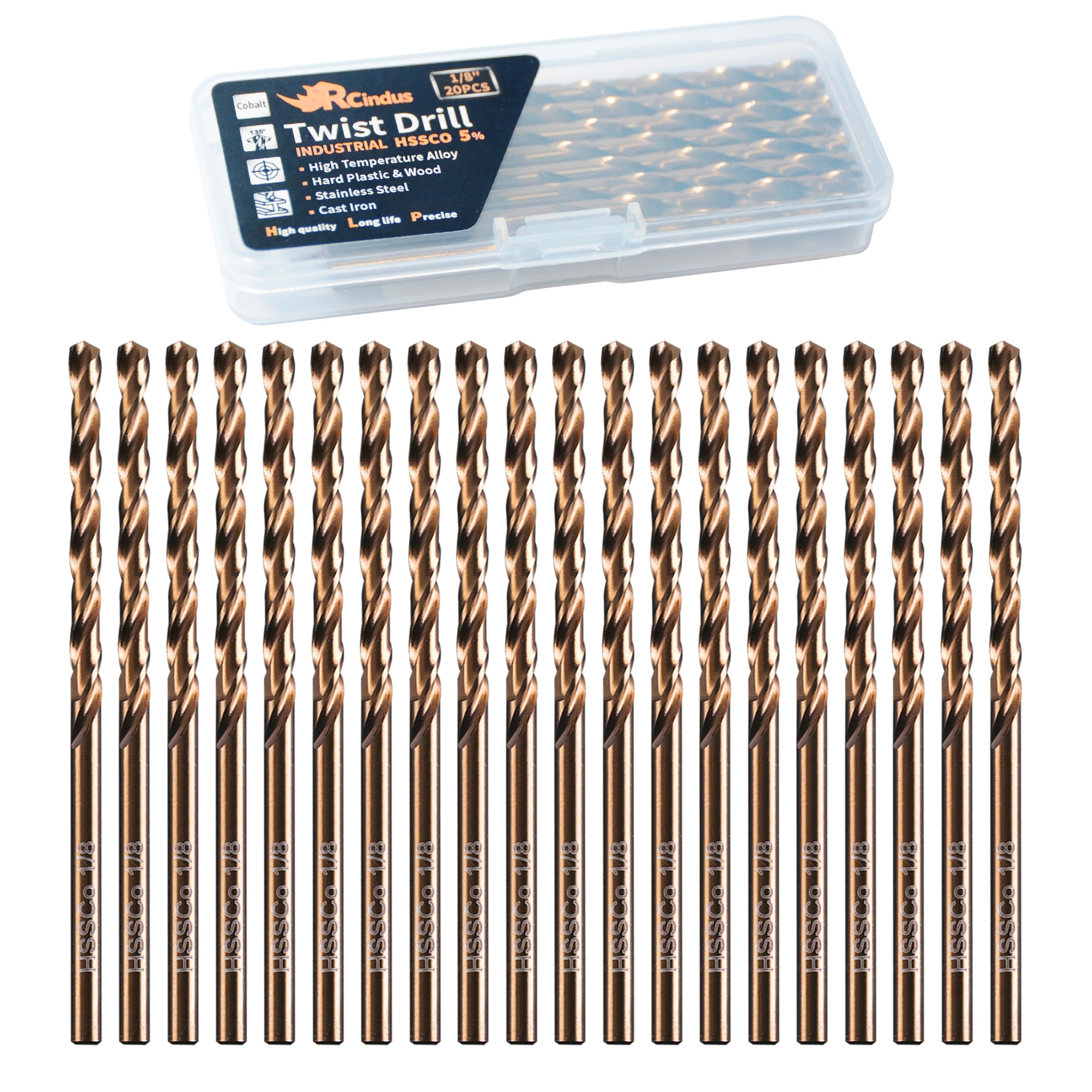 RCINDUS (20PCS) 1/8" Cobalt Drill Bit, HSS M35 Metal Drill Bits for Steel, Stain