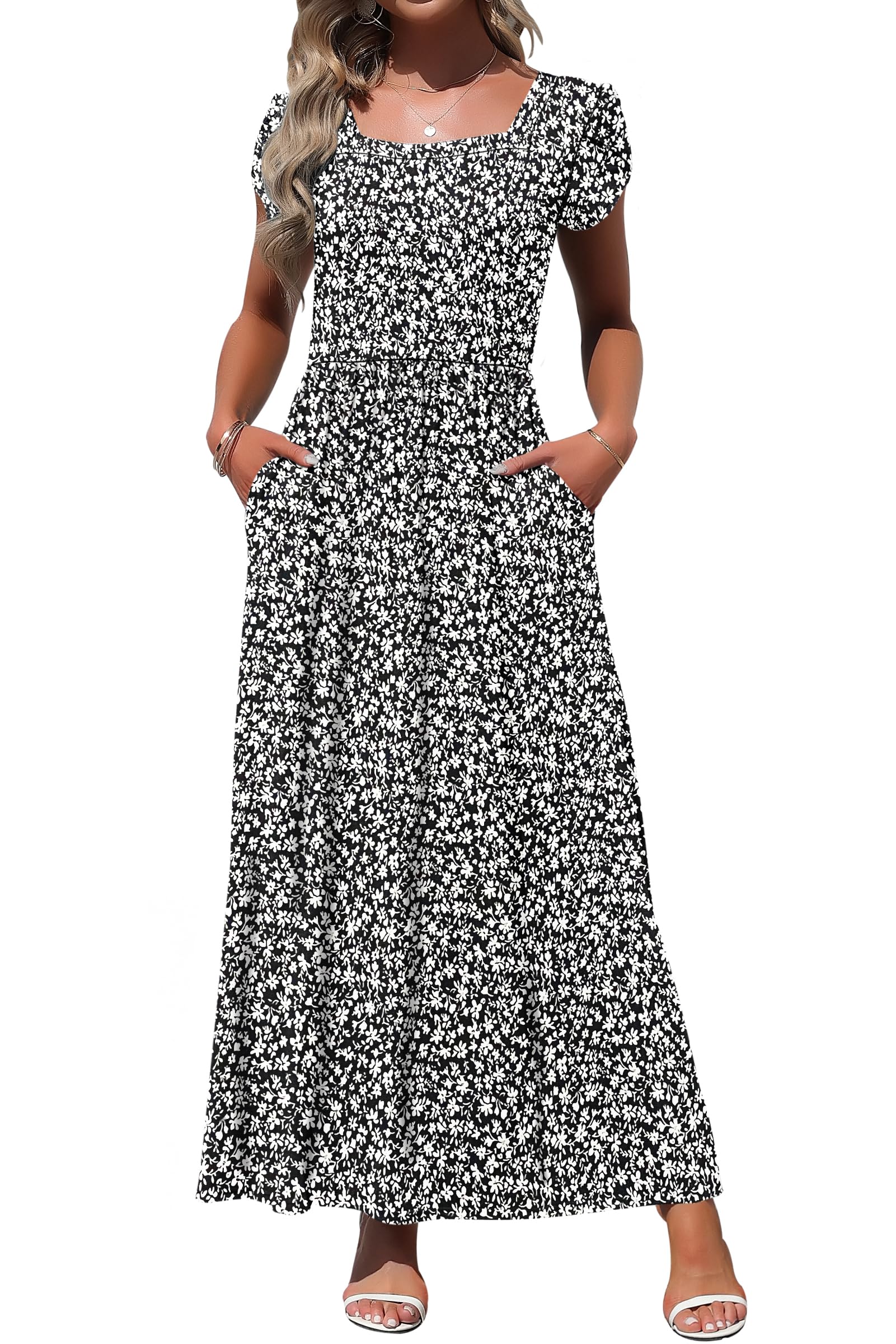MOLERANI Women's Square Neck Maxi Dresses Petal Sleeve Summer Long Dress