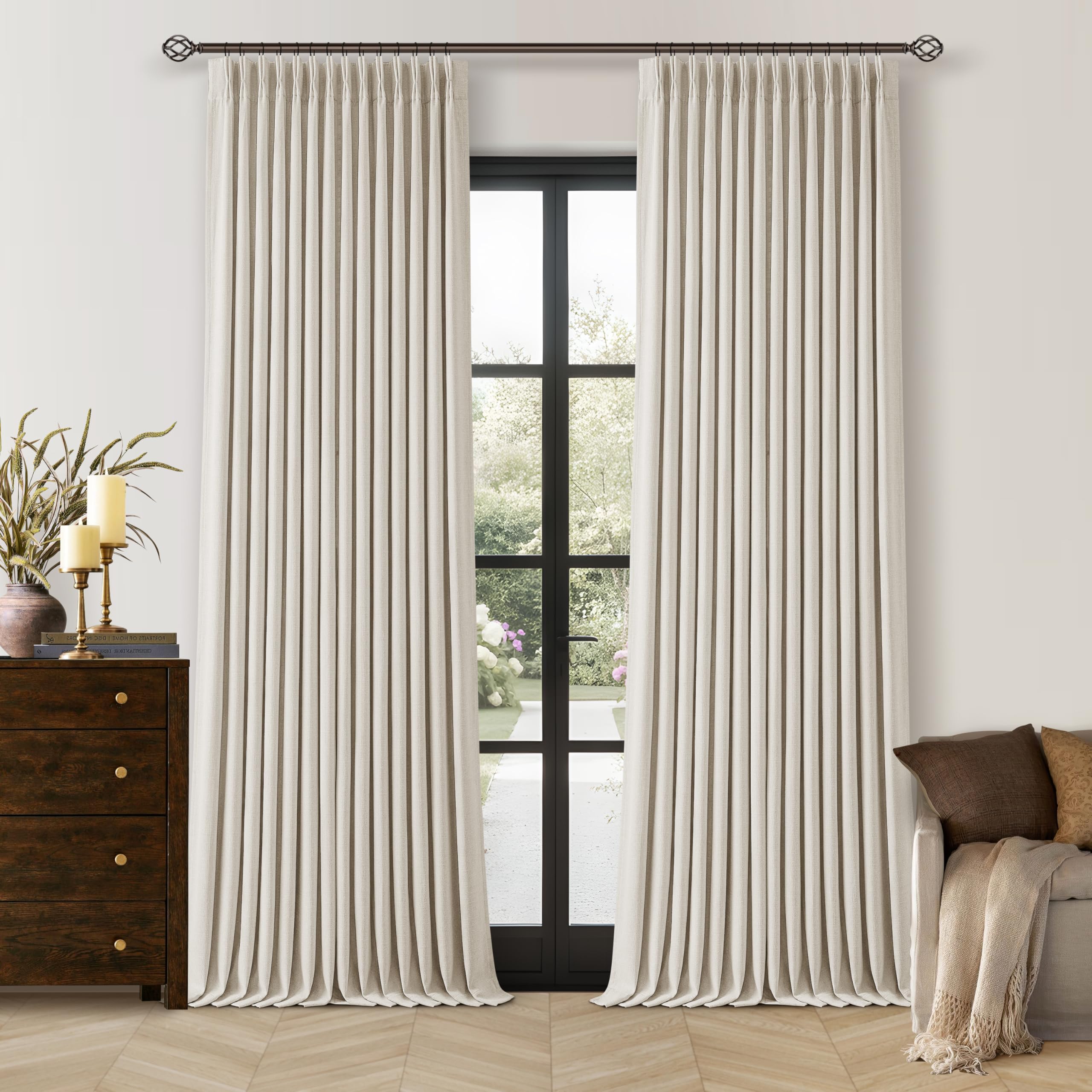TWODRAPES 100% Black Out Pinch Pleated Linen Curtains Double Layer W40xL90 | Nat