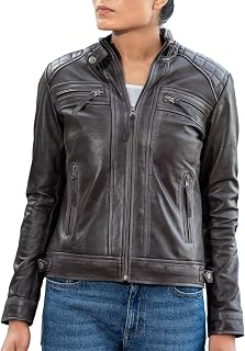 Café Racer Leather Jacket Women Zipper Motorcycle Biker Style Casual Fashion Genuine Lambskin Women Leather Jacket